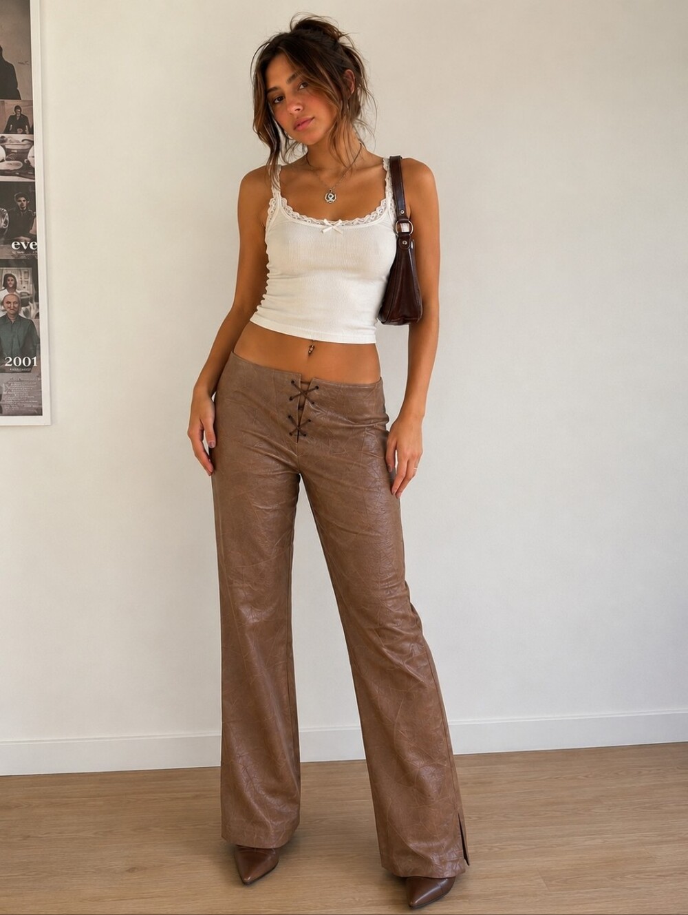 Vtg Y2k Brown Patchwork Faux Leather Pants Low Rise Festival Hippie Western Sz M